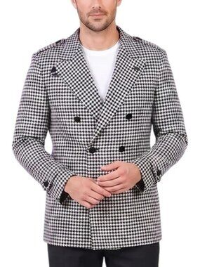 Black/White Houndstooth Double Breasted Slim Fit Men's Jacket